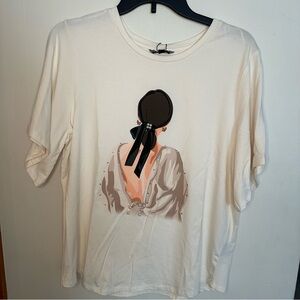 Love & Lace Women M SuperSoft Ivory Pearl Embellished Fashion Graphic TShirt NEW